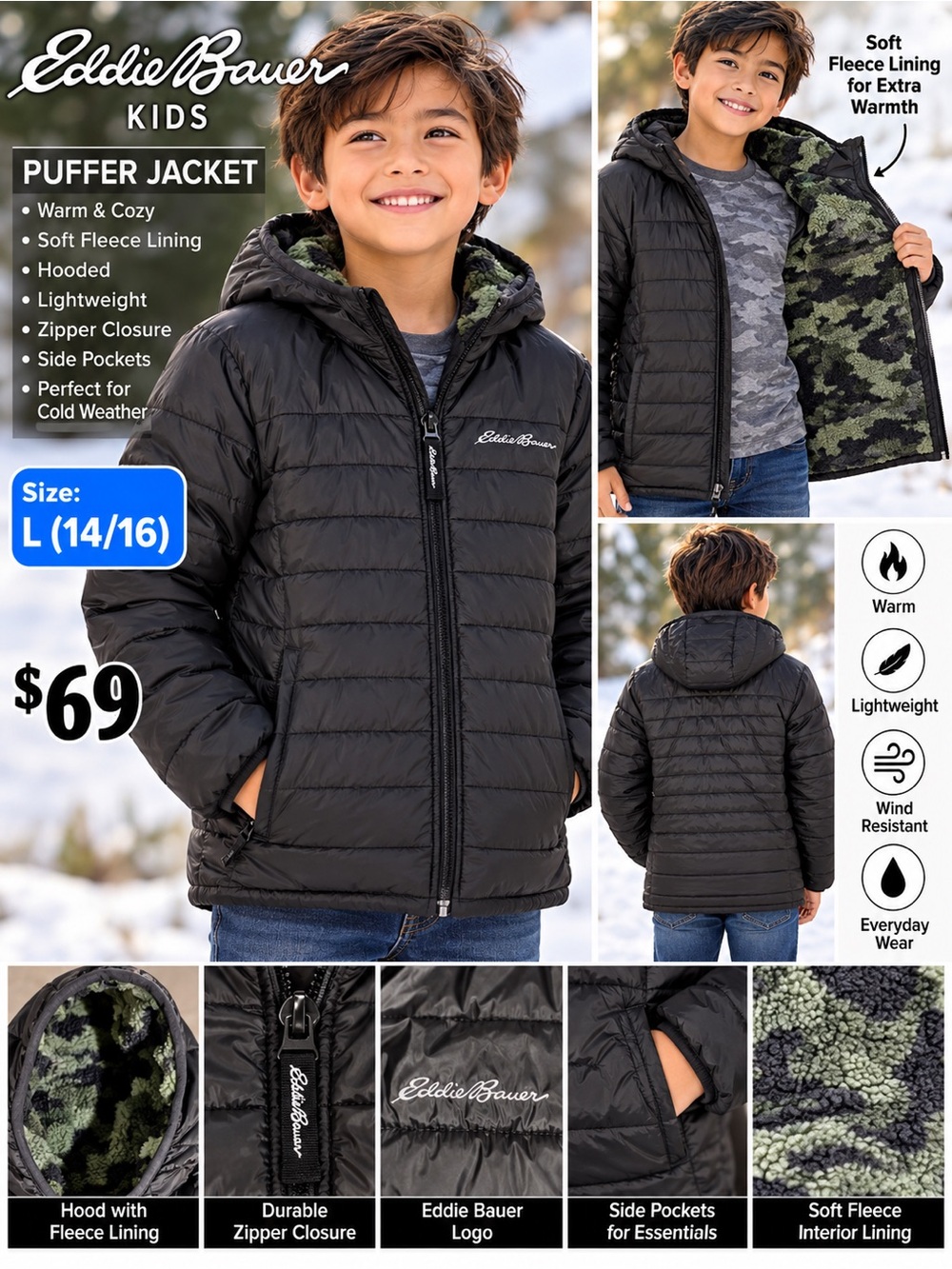 Eddie Bauer Kids Black Hooded Puffer Jacket with Camouflage Fleece Lining